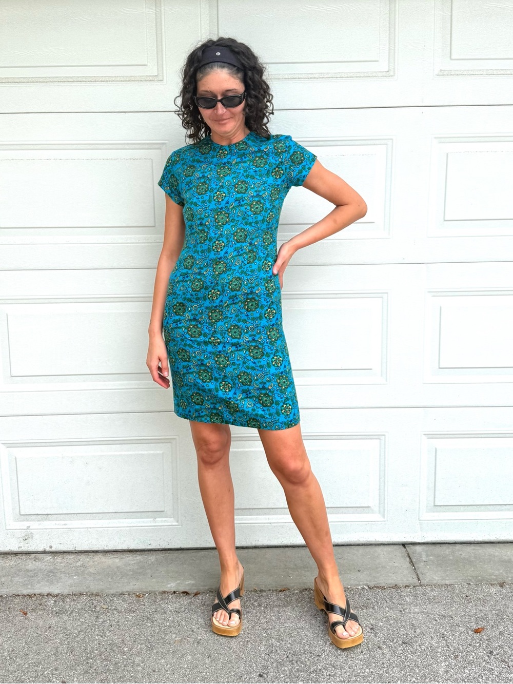 Vintage 60s Sheath Mini Dress Blue & Green Fine Wool blend Shirt  Sleeve bodycon